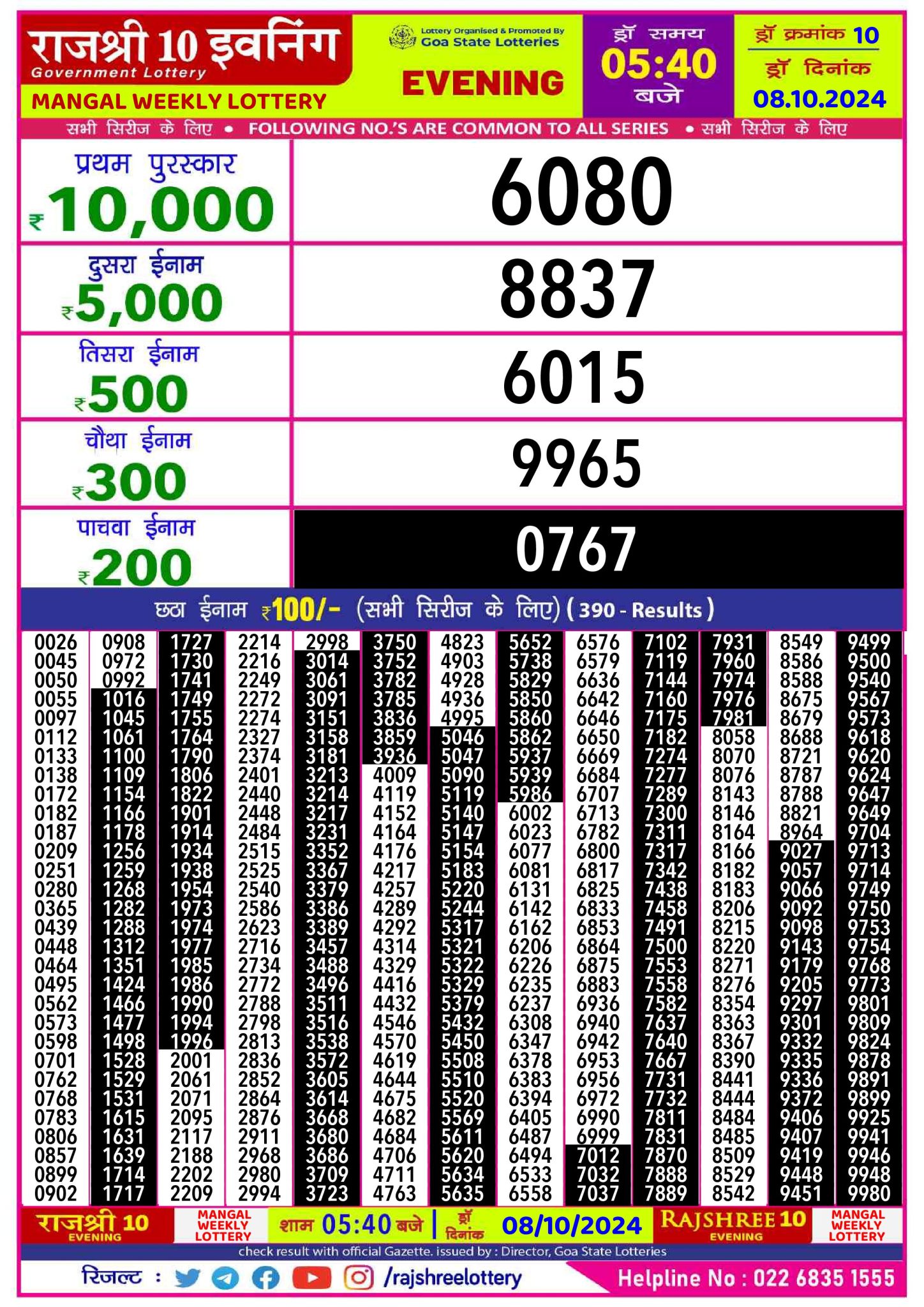 Rajshree10 Lottery 540PM Result 8.10.2024 Published Here