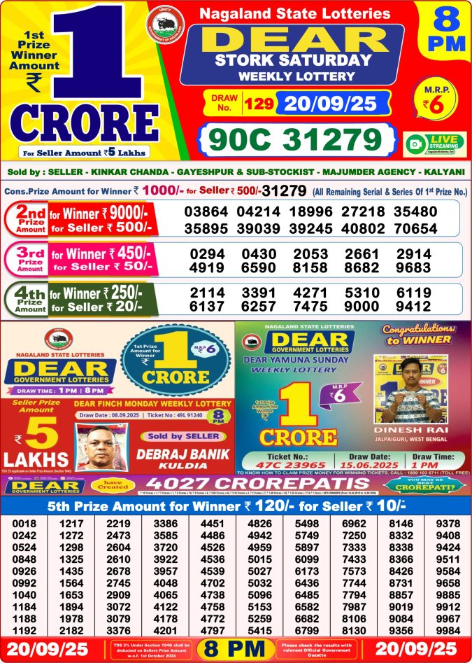 Dear Lottery Result 8 PM Today – 20/09/25