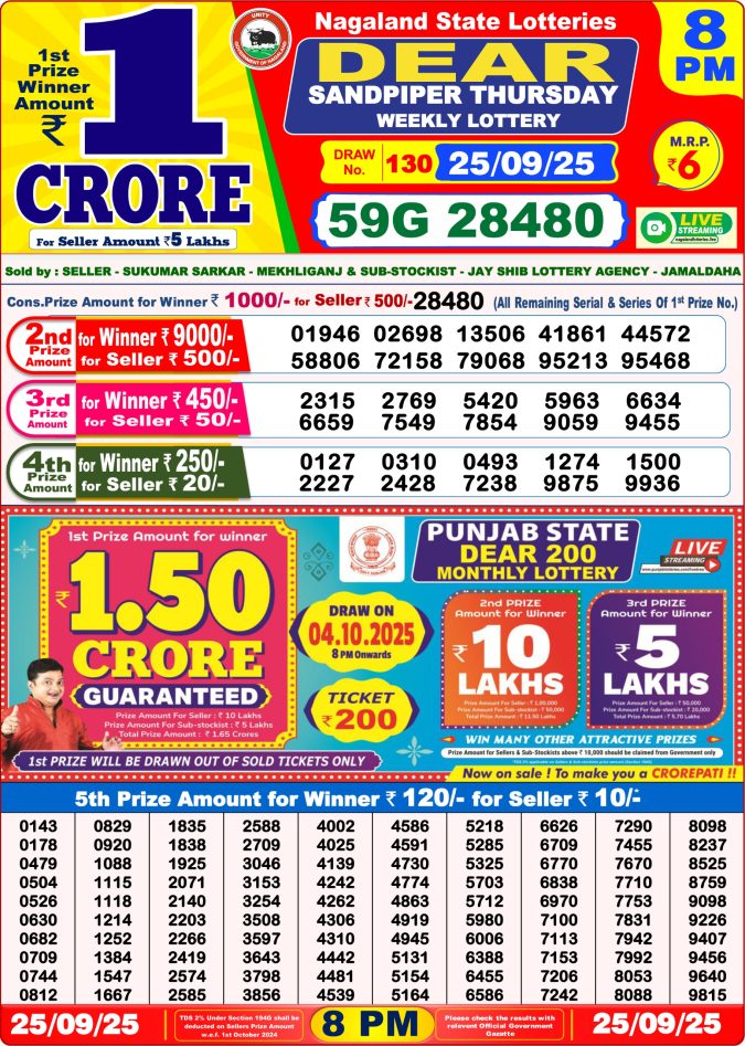 Dear Lottery Result 8 PM Today – 25/09/25