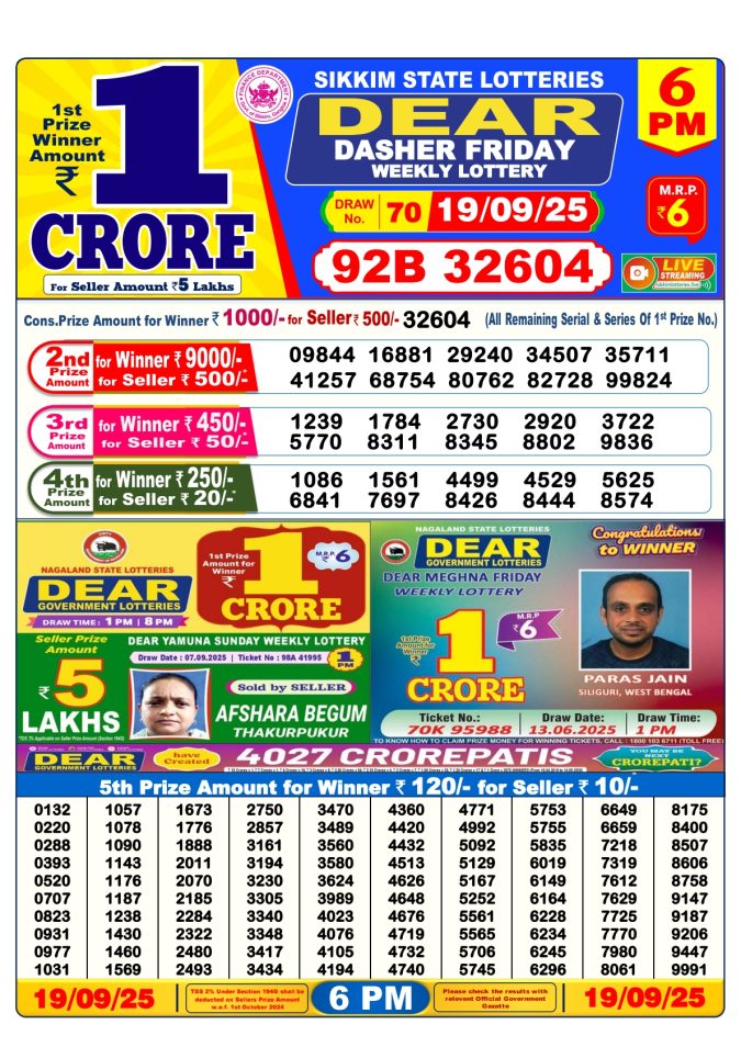 Dear Lottery Result Today 6 PM – 19/09/25
