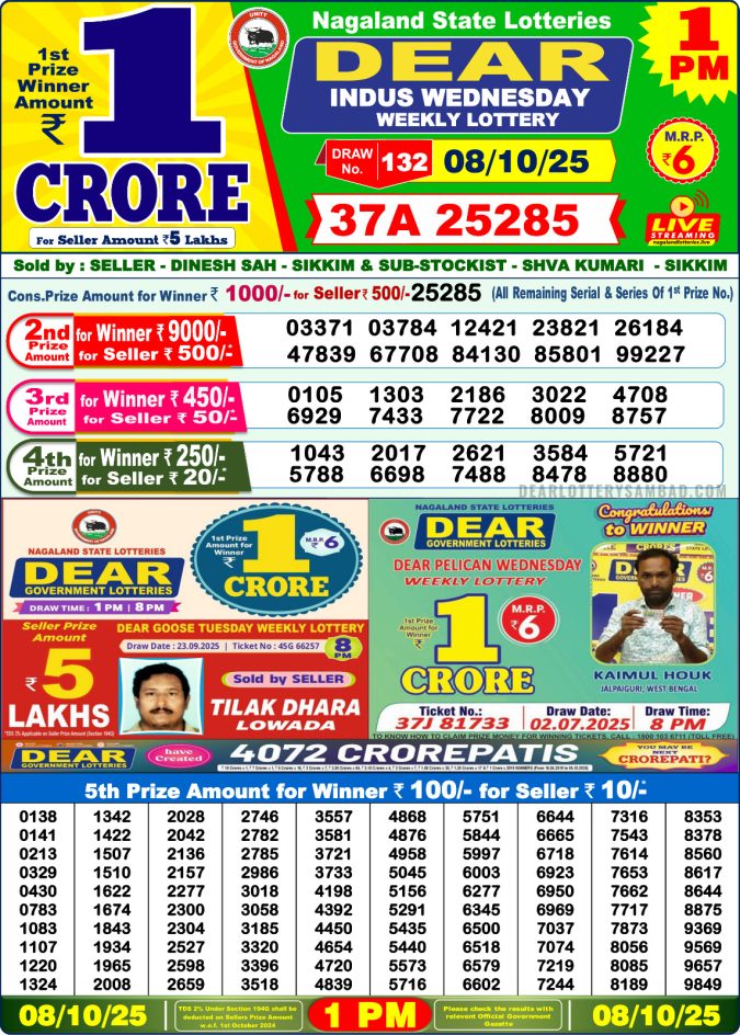 Dear Lottery Result 1 PM Today – 08/10/25