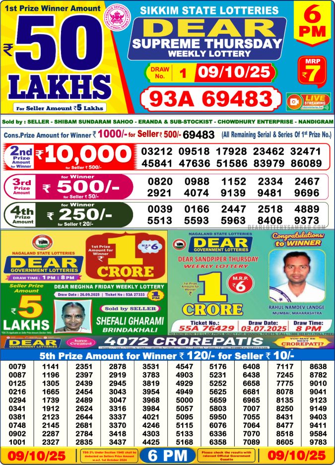Dear Lottery Result Today 6 PM – 09/10/25