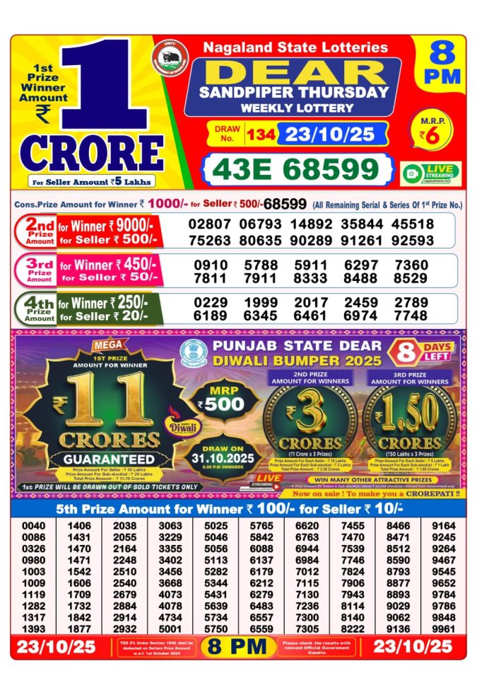 Dear Lottery Result 8 PM Today – 23/10/25