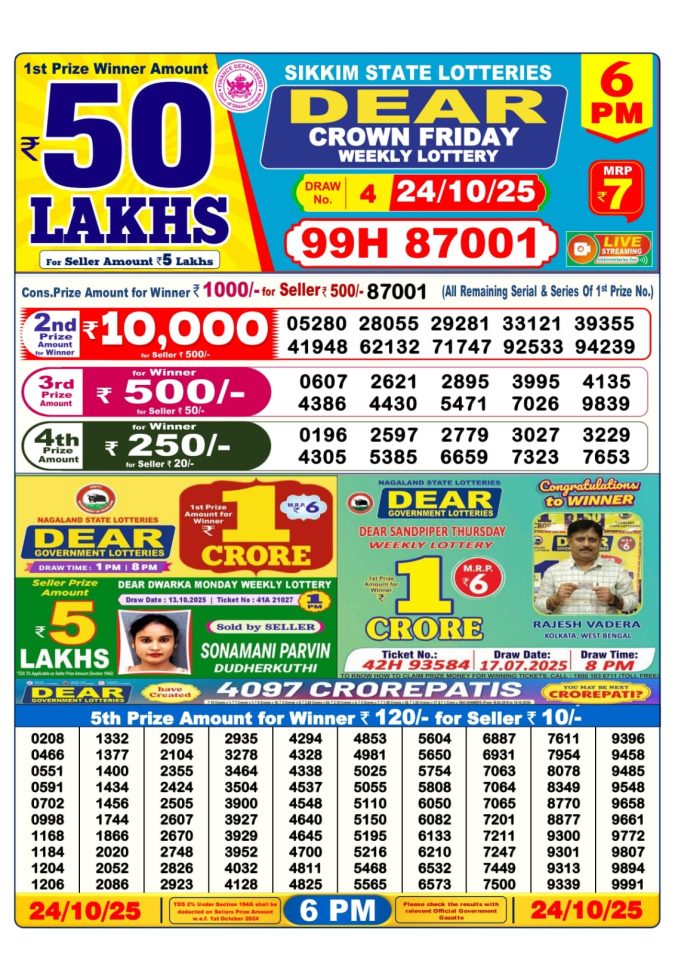 Dear Lottery Result Today 6 PM – 24/10/25