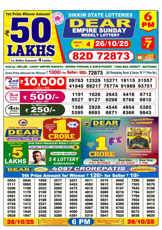 Dear Lottery Result Today 6 PM – 26/10/25