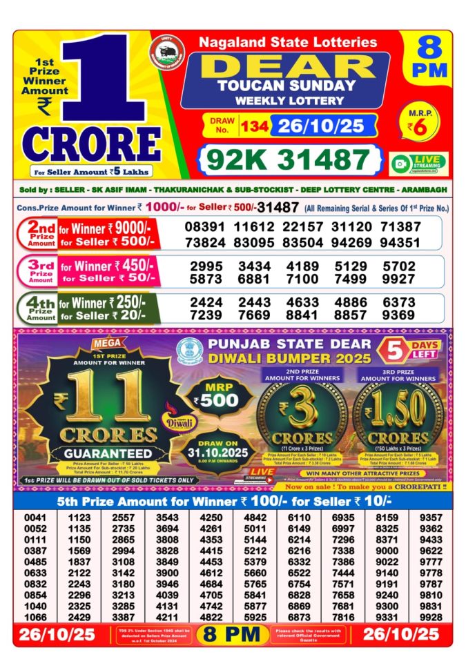 Dear Lottery Result 8 PM Today – 26/10/25
