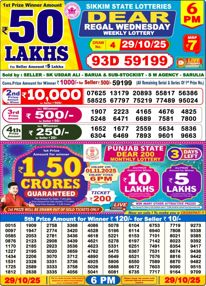 Dear Lottery Result Today 6 PM – 29/10/25