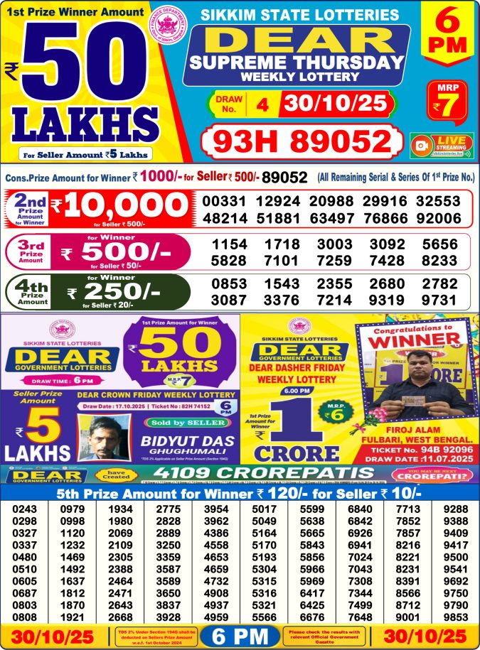 Dear Lottery Result Today 6 PM – 30/10/25