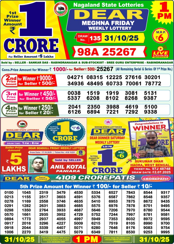 Dear Lottery Result 1 PM Today – 31/10/25
