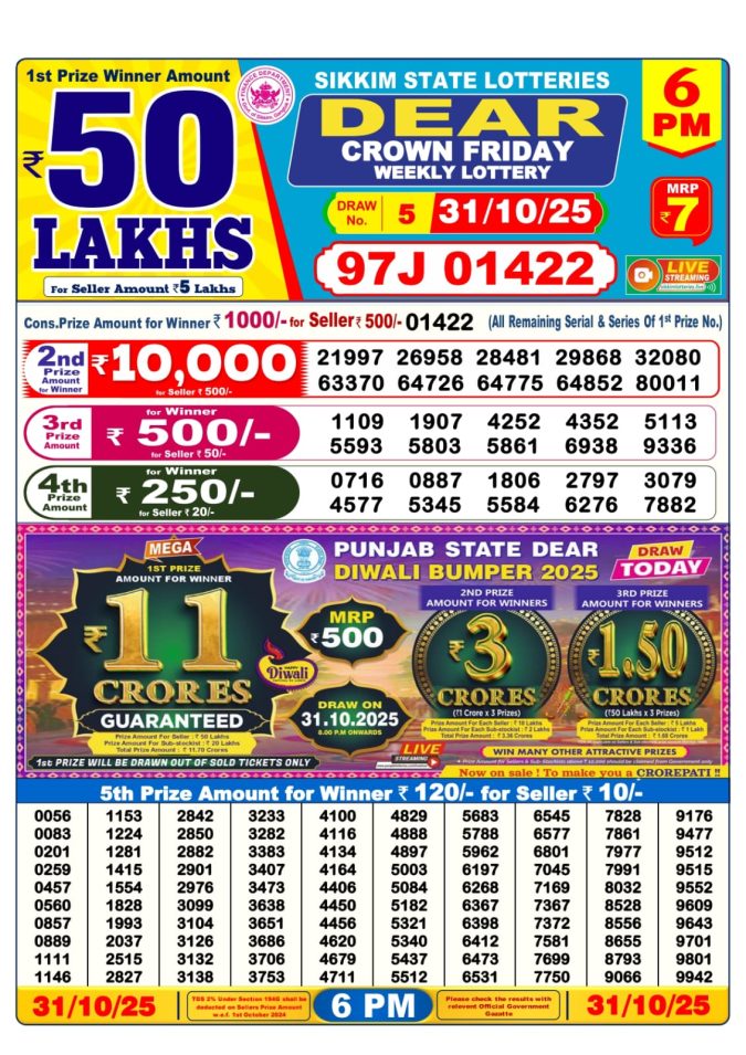 Dear Lottery Result Today 6 PM – 31/10/25