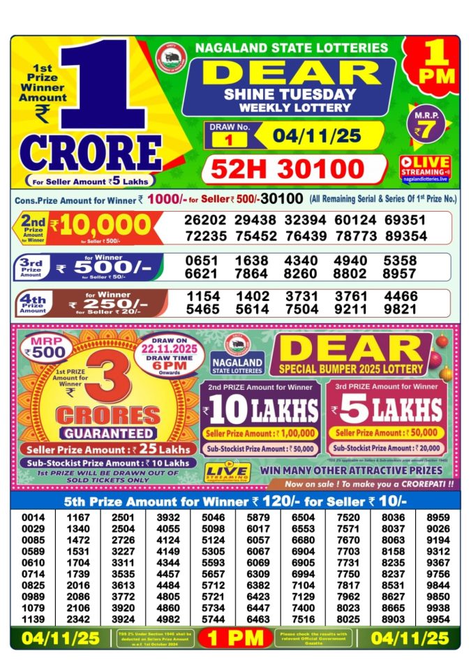 Dear Lottery Result 1 PM Today – 04/11/25