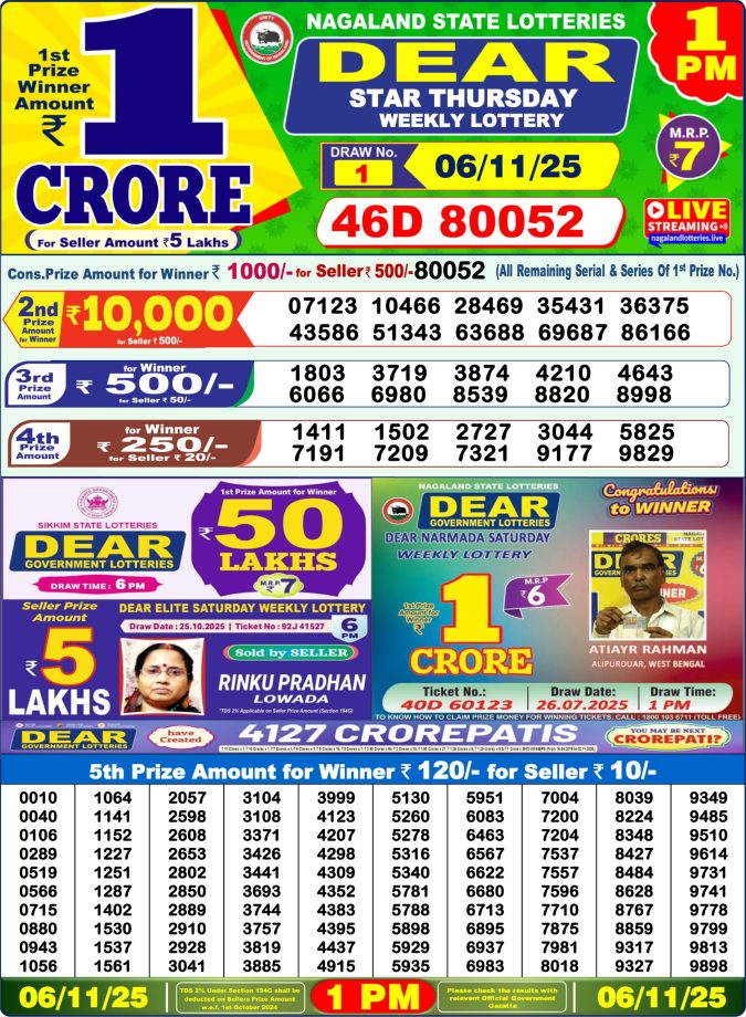 Dear Lottery Sambad Result 1 PM | Today 06/11/25