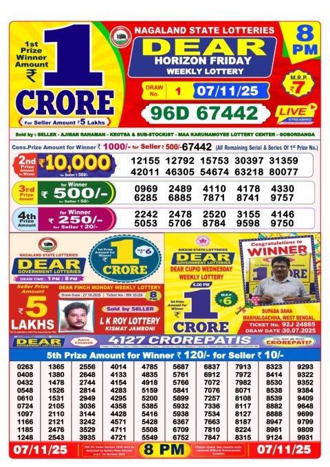 Dear Lottery Sambad Result 8 PM Today – 07/11/25