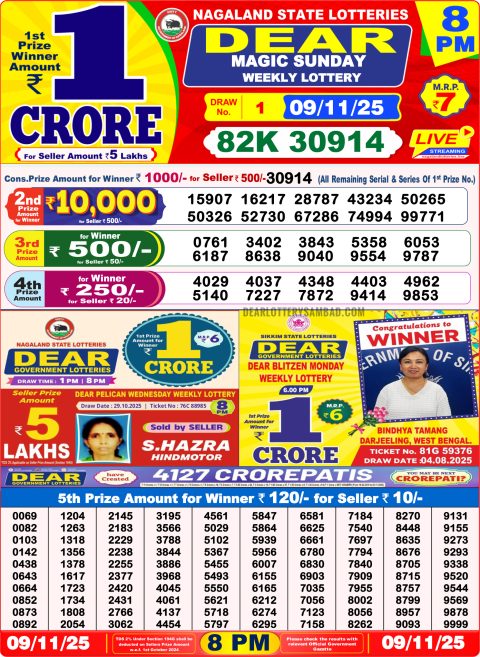 Dear Lottery Sambad Result 8 PM Today – 09/11/25