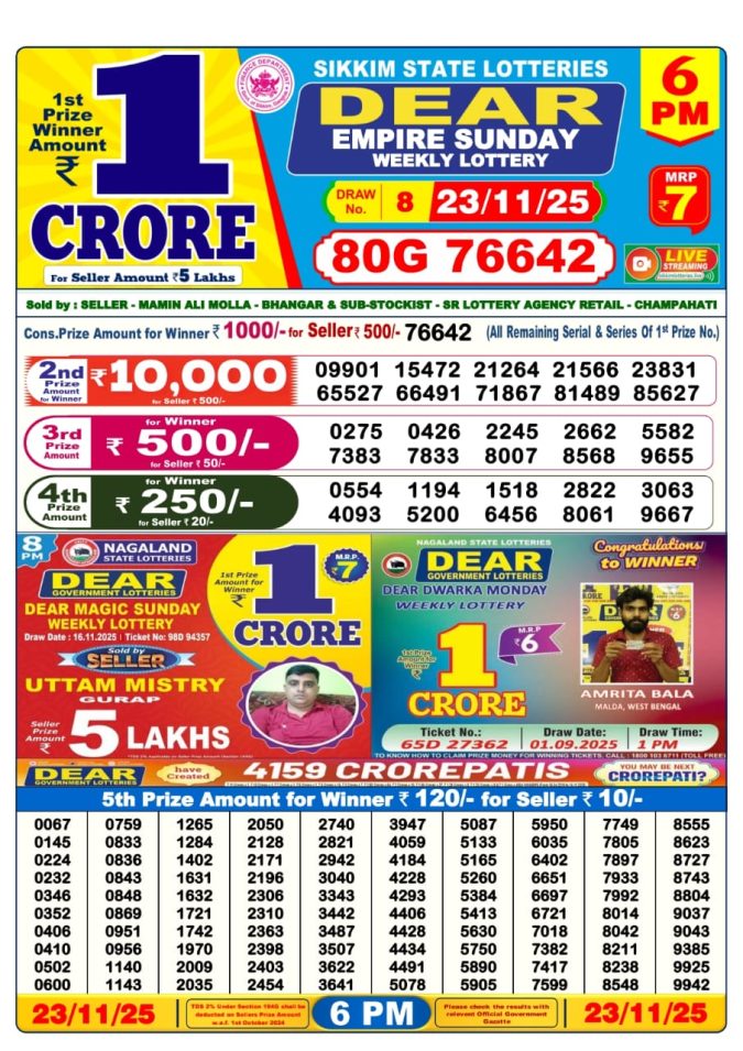 Dear Lottery Sambad Result Today 6 PM 23/11/25