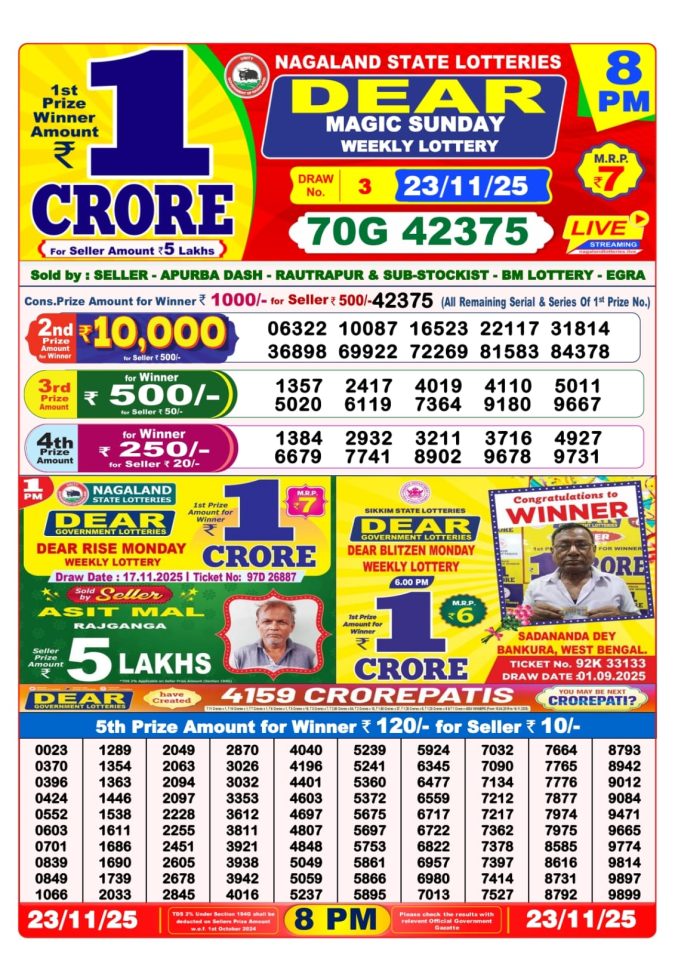 Dear Lottery Sambad Result 8 PM Today – 23/11/25