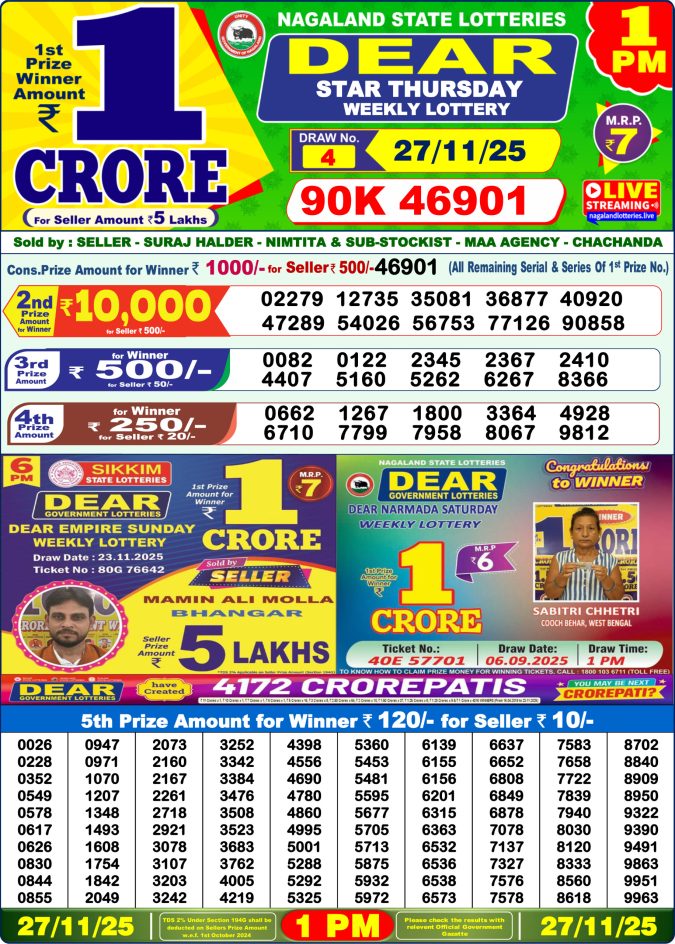 Dear Lottery Sambad Result 1 PM | Today 27/11/25