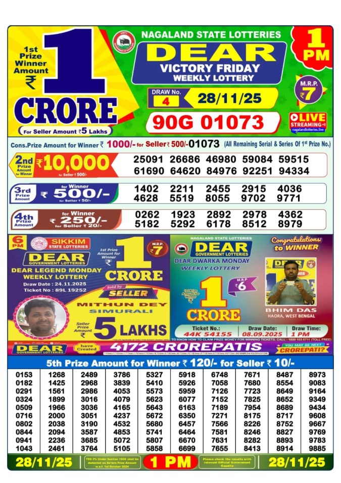 Dear Lottery Sambad Result 1 PM | Today 28/11/25