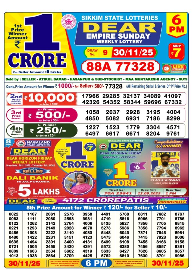 Dear Lottery Sambad Result Today 6 PM 30/11/25