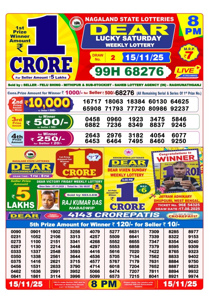Dear Lottery Sambad Result 8 PM Today – 15/11/25