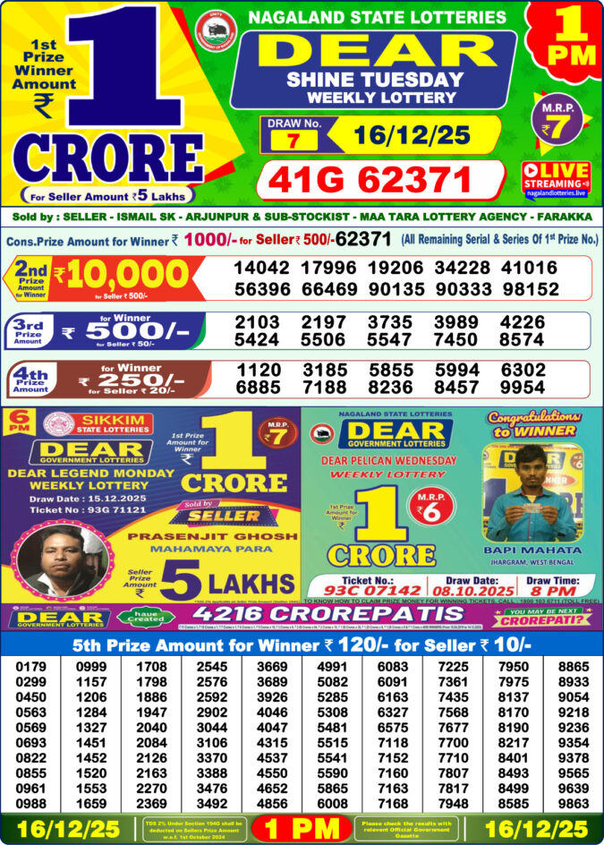 Dear Lottery Sambad Result 1 PM | Today 16/12/25