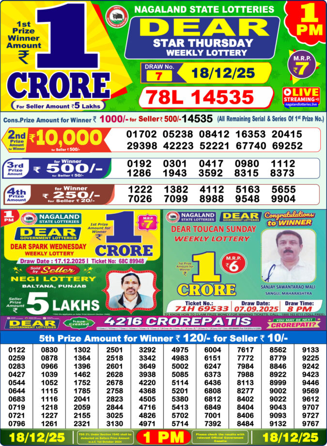 Dear Lottery Sambad Result 1 PM | Today 18/12/25