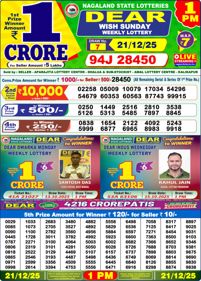 Dear Lottery Sambad Result 1 PM | Today 21/12/25