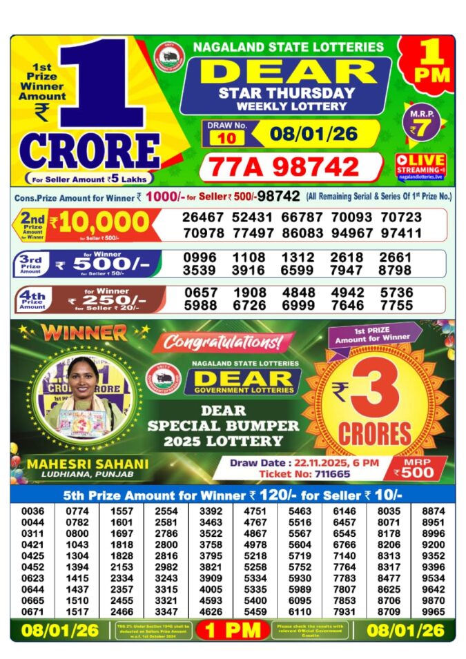 Dear Lottery Sambad Result 1 PM | Today 08/01/26