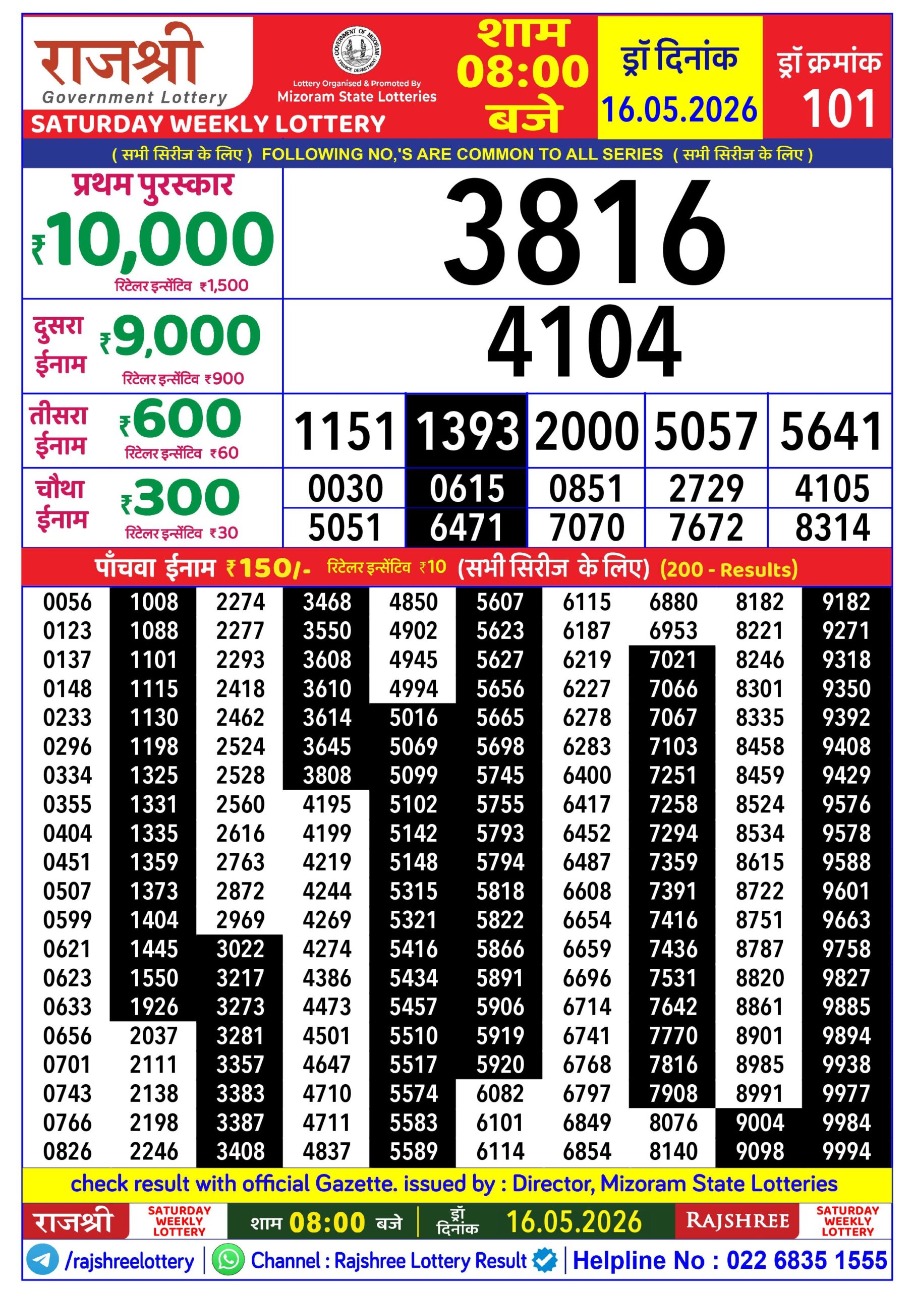Rajshree 8 PM Result 16 May 2026