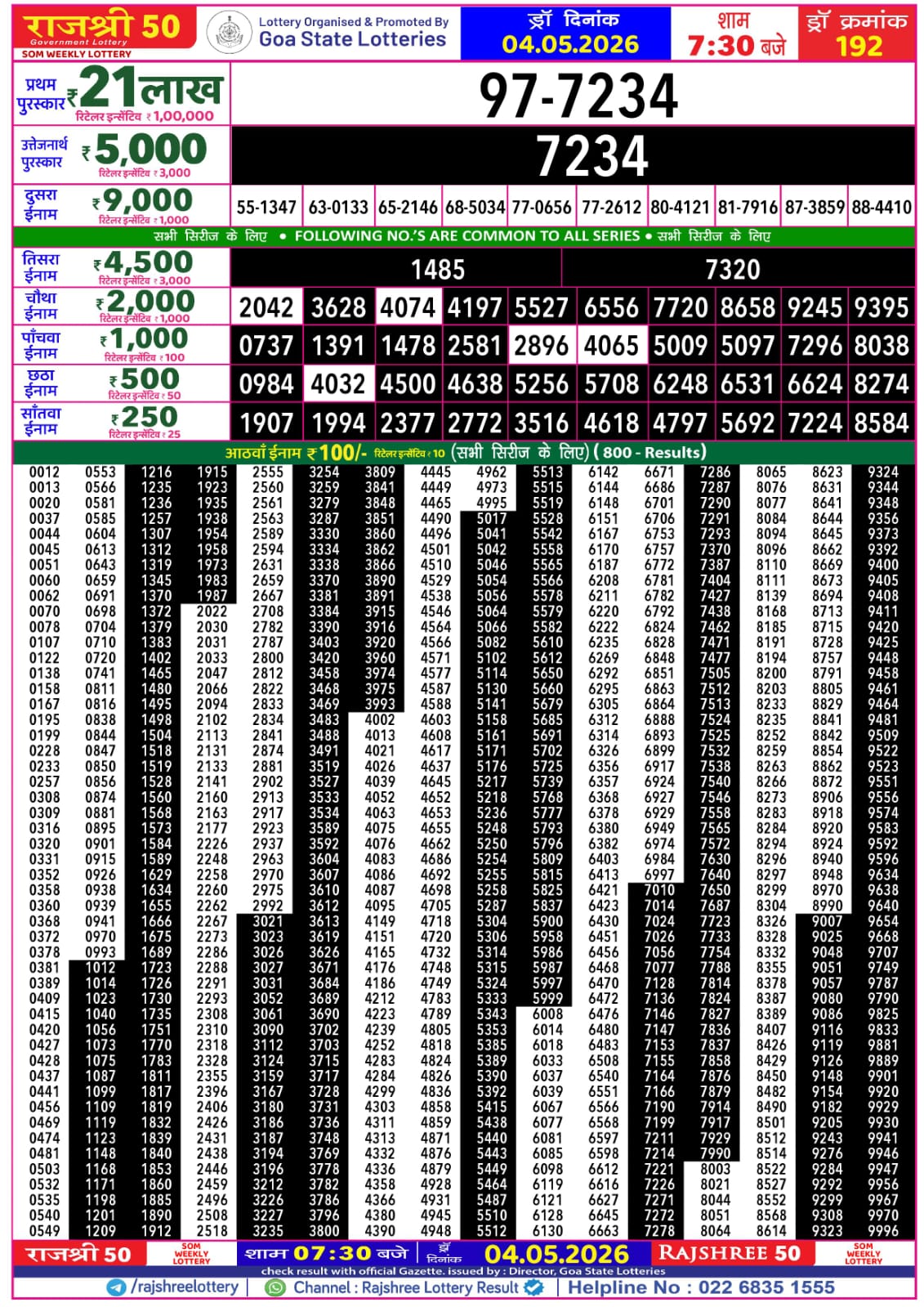 Rajshree 50 7:30 PM Result 04 May 2026
