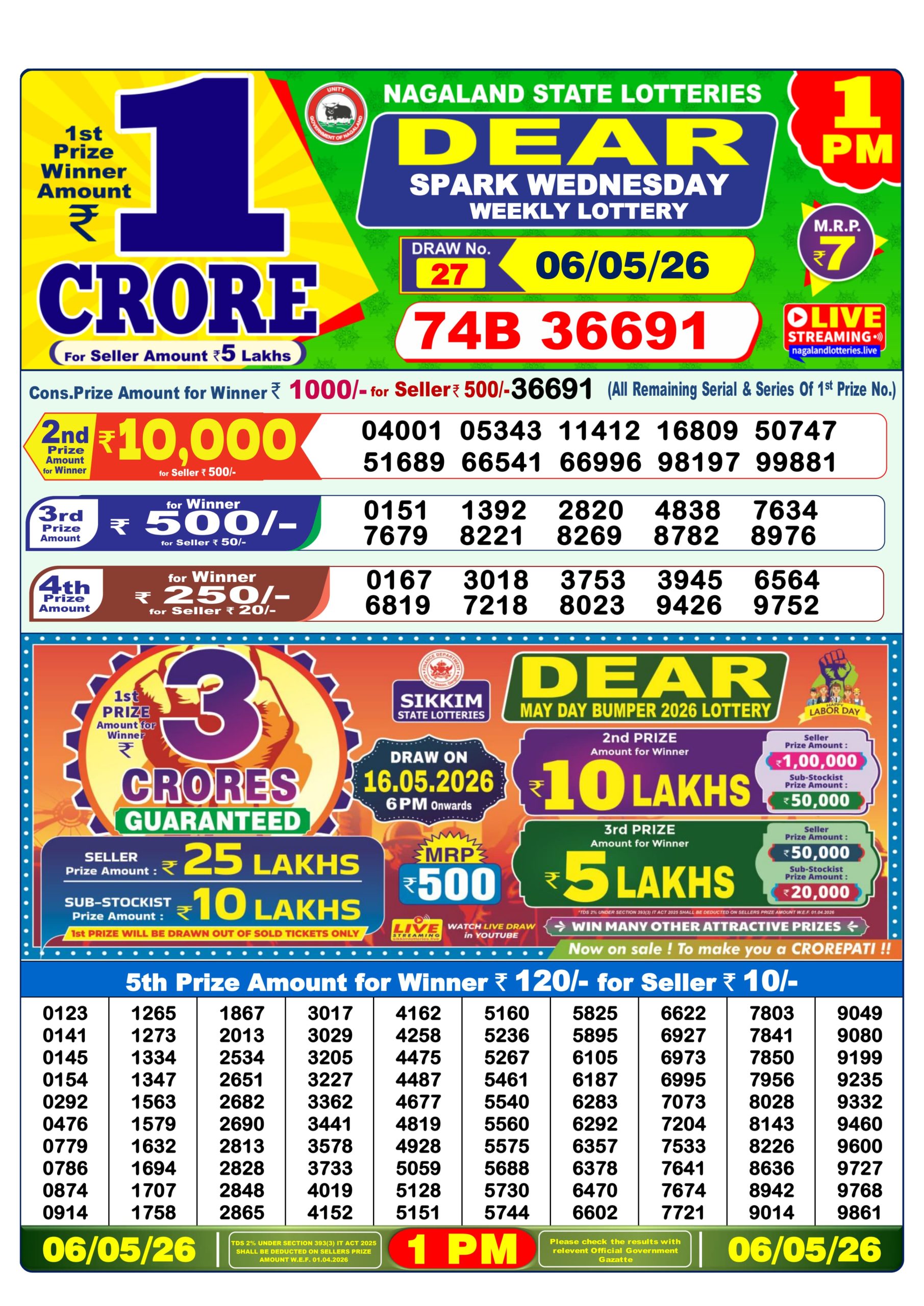 Dear 1 PM Result 06 May 2026
