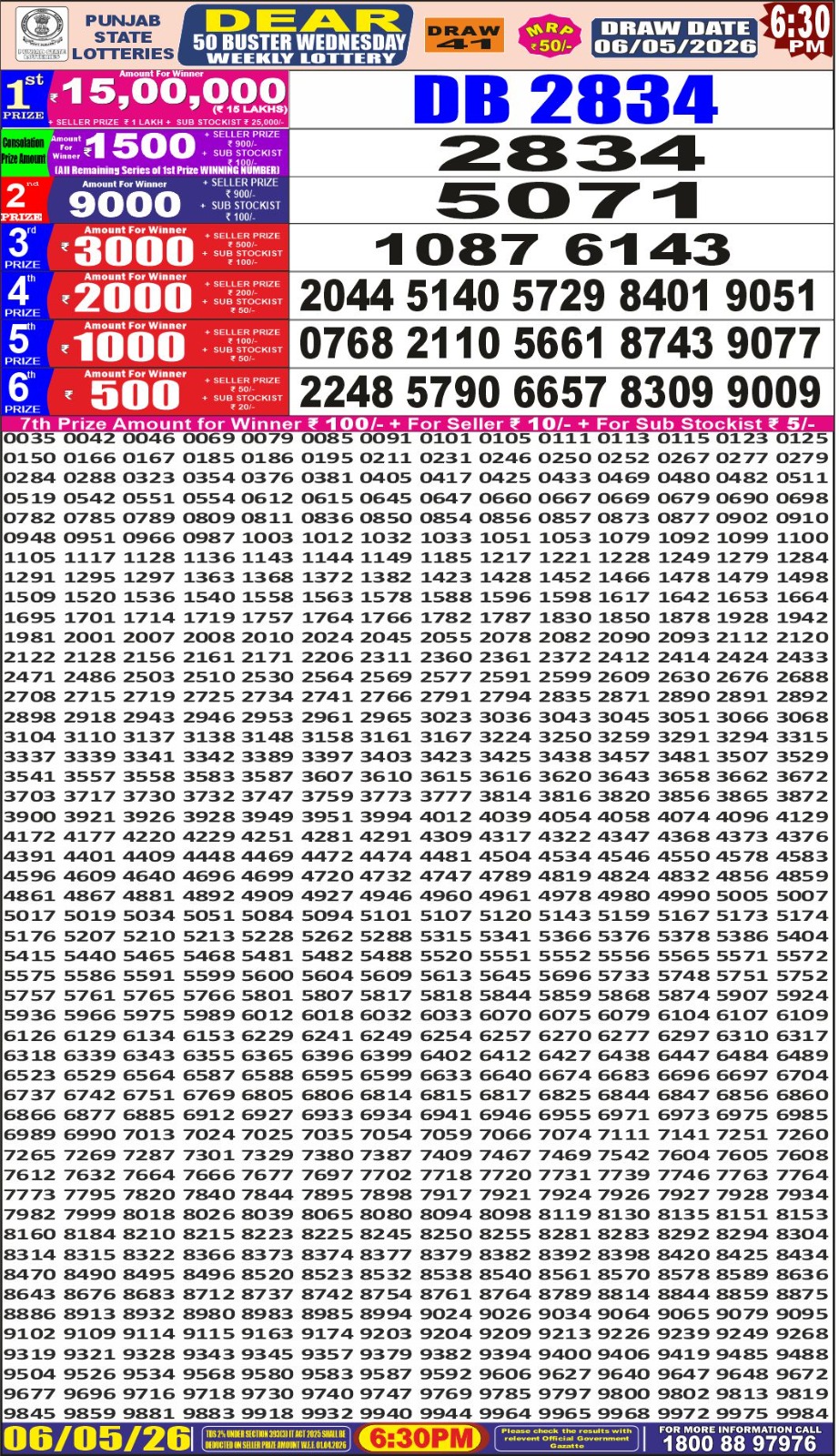 Punjab Dear 50 6:30 PM Result 06 May 2026