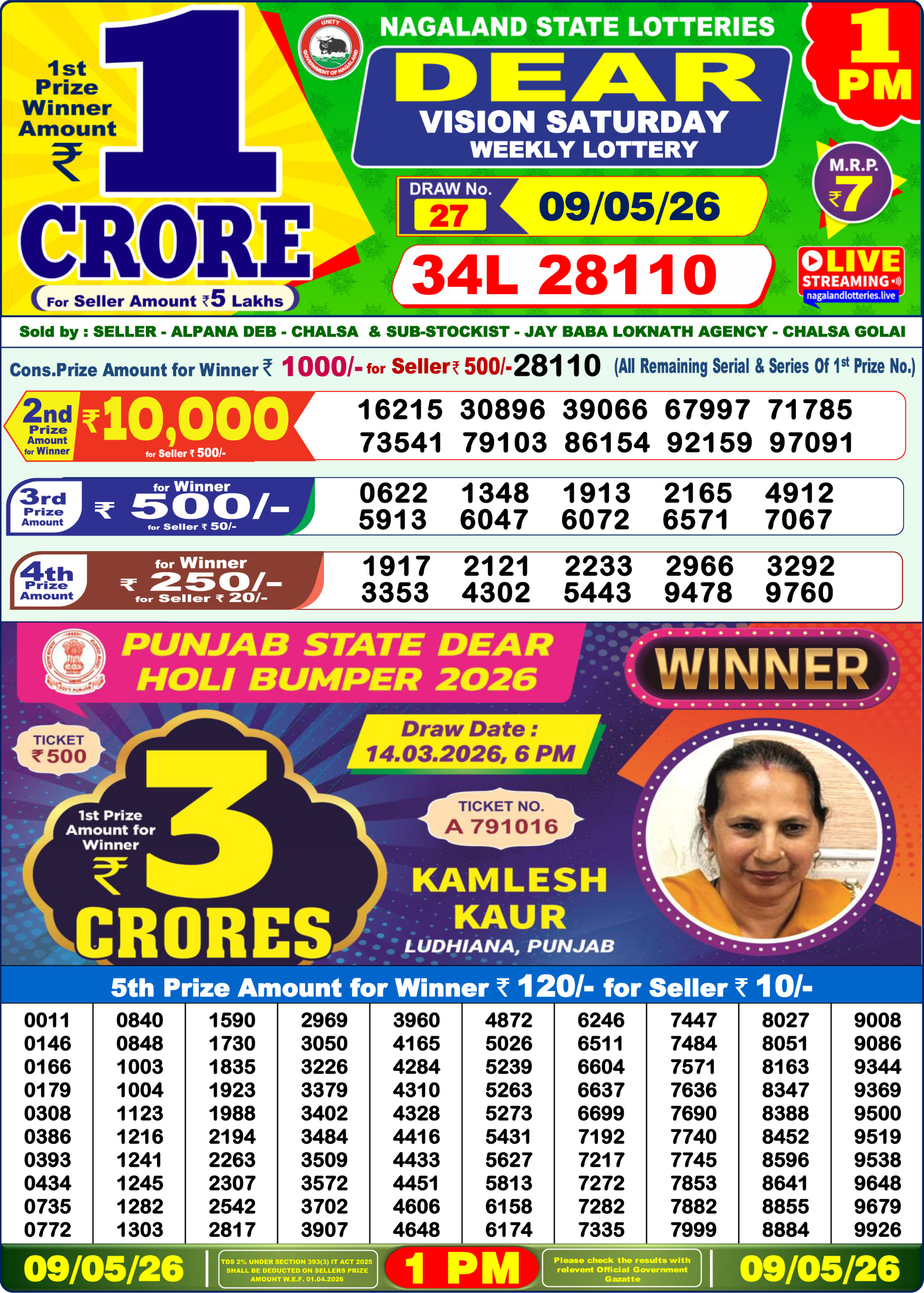 Dear 1 PM Result 09 May 2026