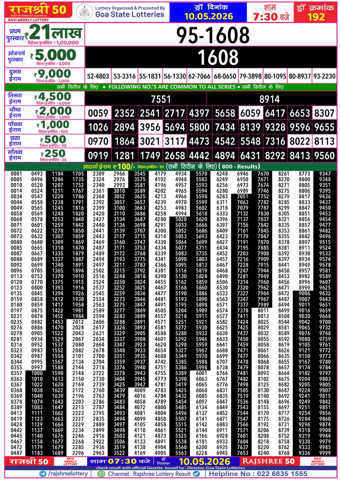 Rajshree 50 7:30 PM Result 10 May 2026