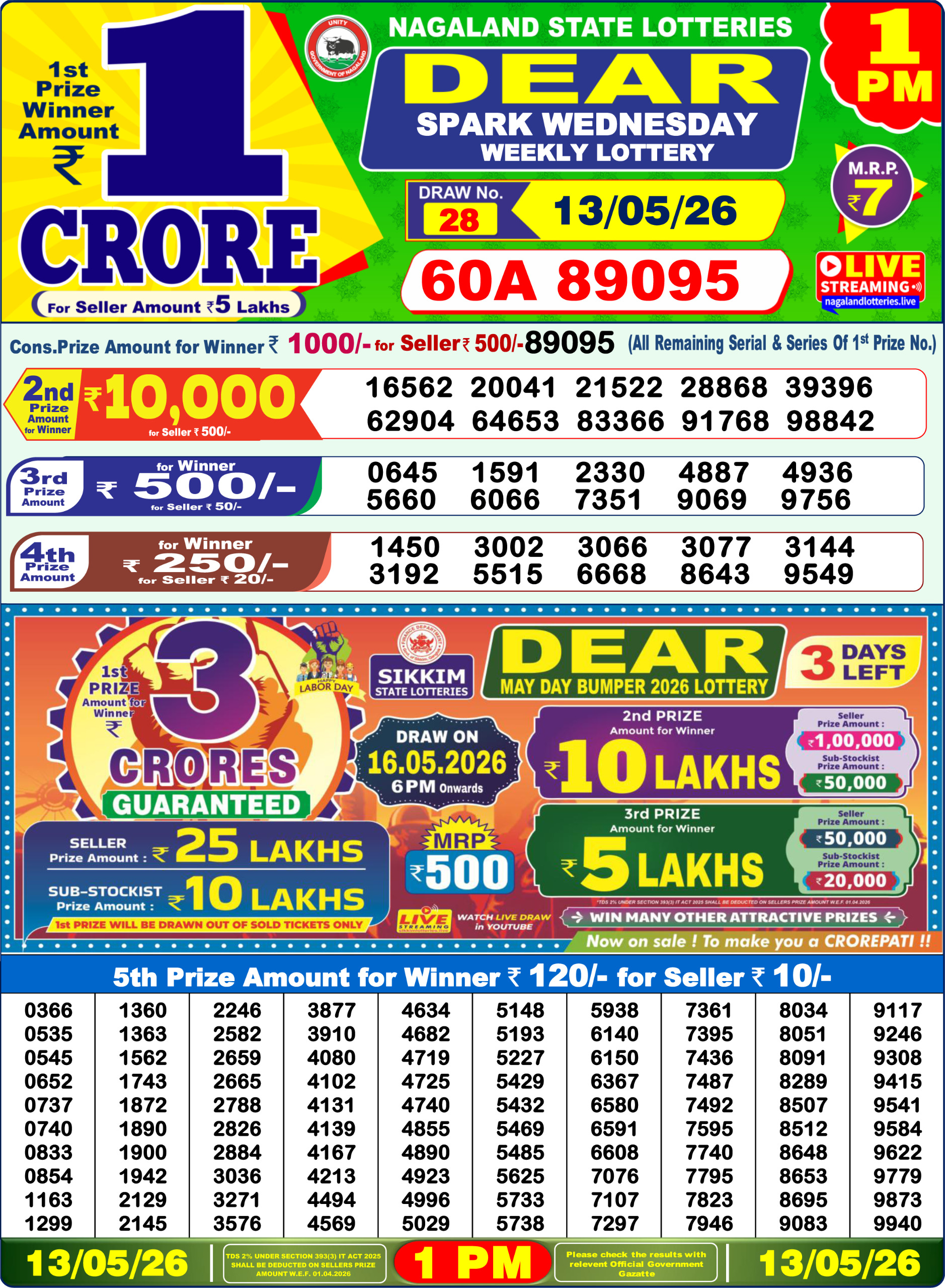 Dear 1 PM Result 13 May 2026