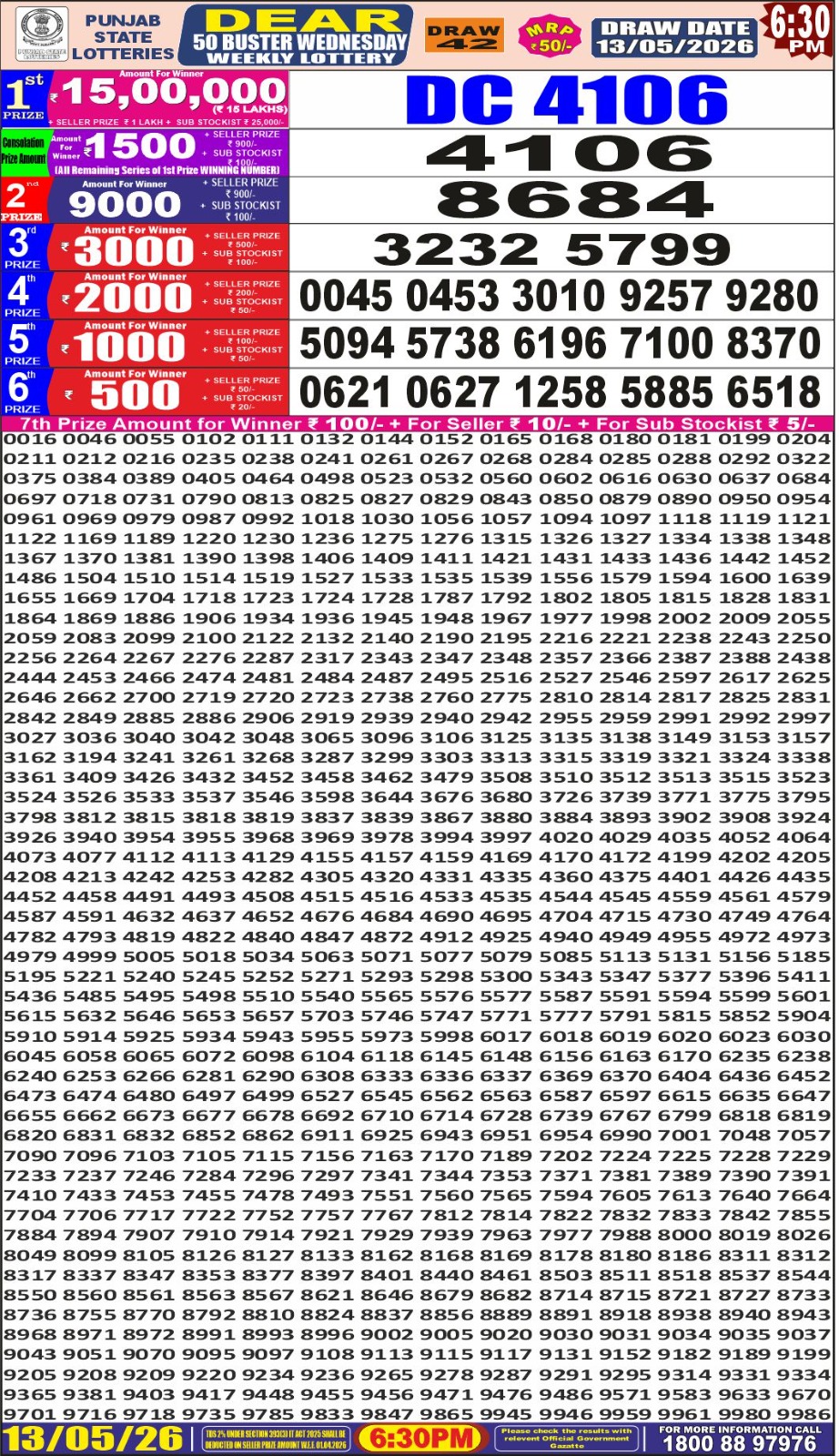 Punjab Dear 50 6:30 PM Result 13 May 2026