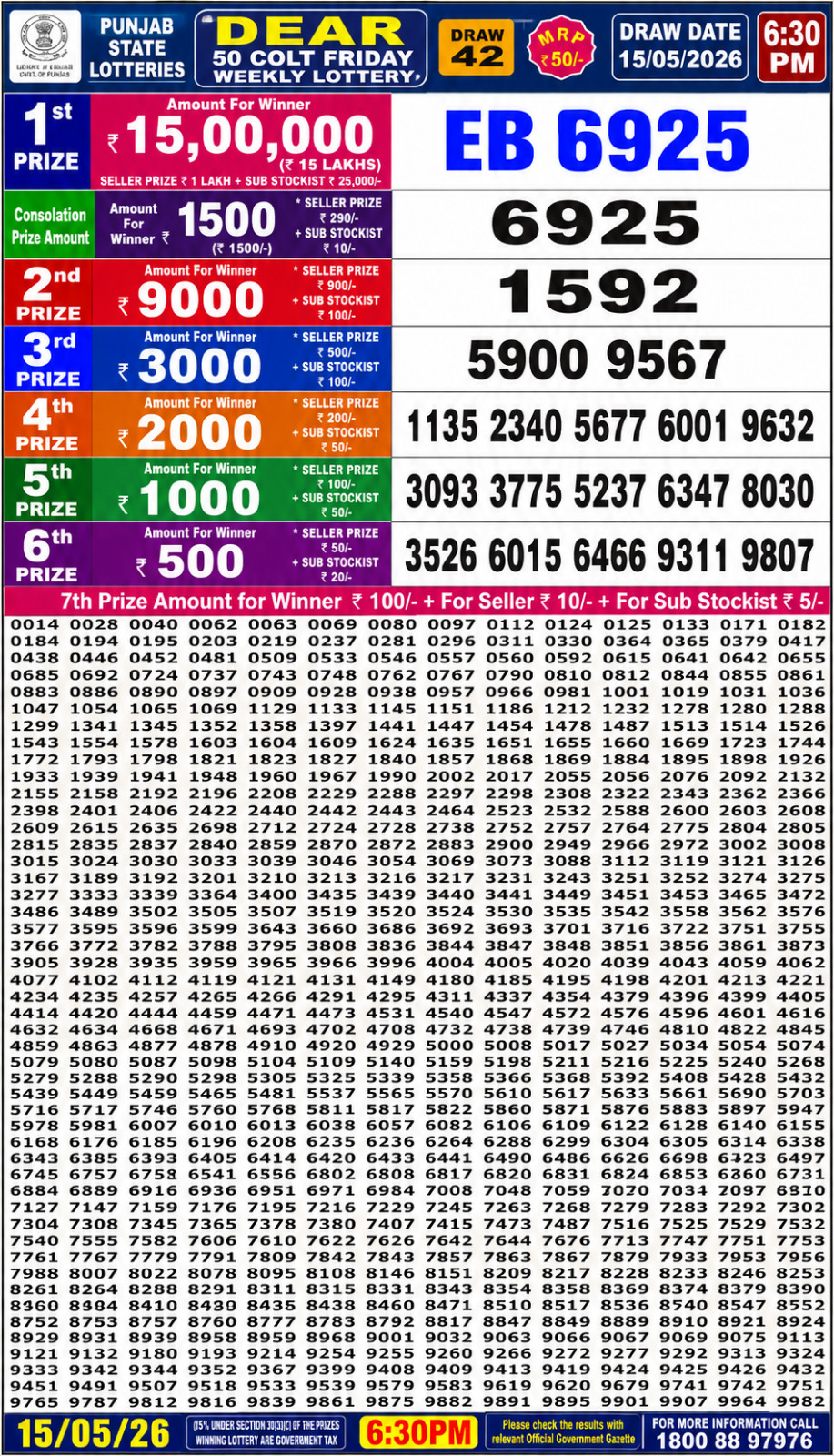 Punjab Dear 50 6:30 PM Result 15 May 2026