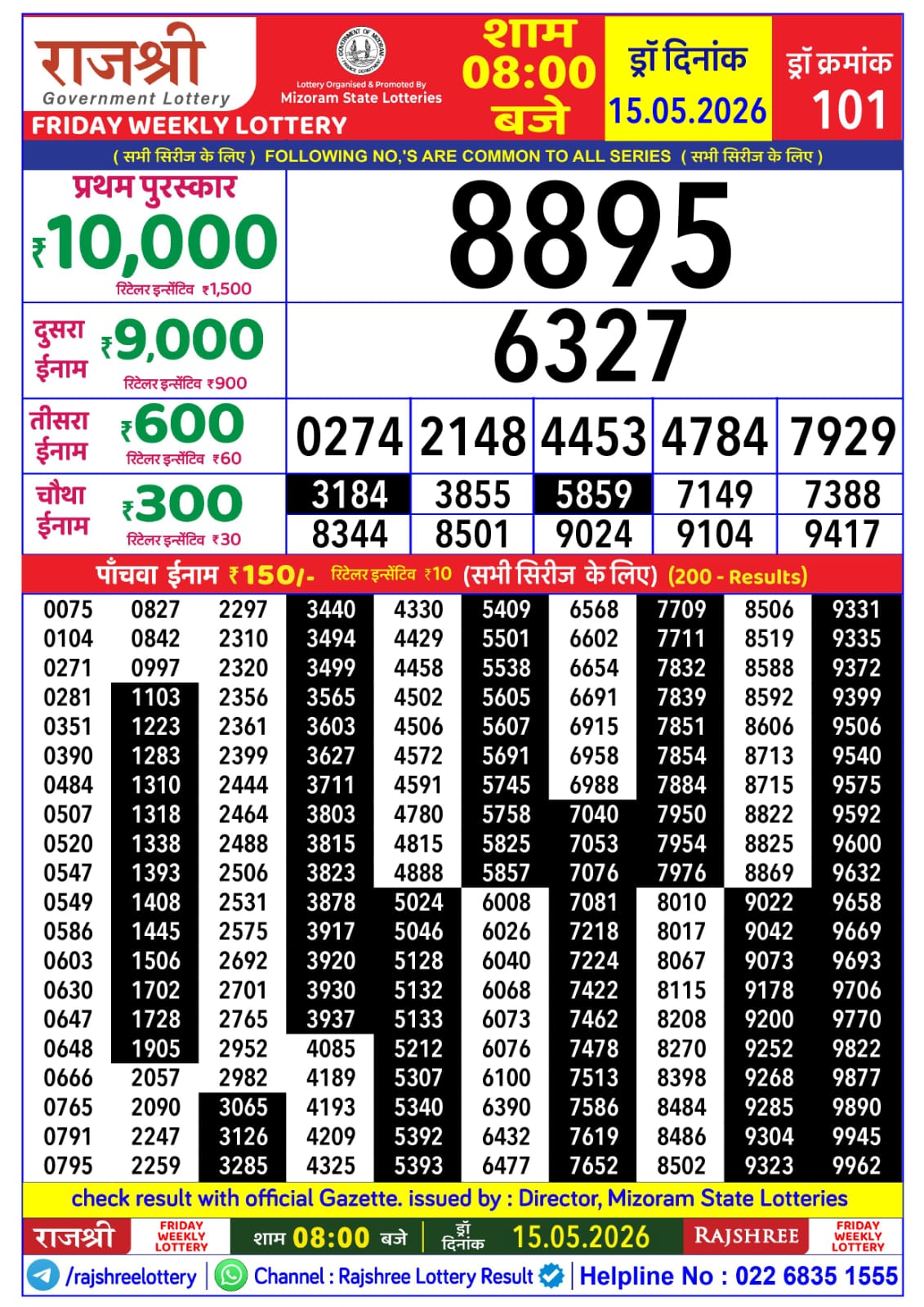 Rajshree 8 PM Result 15 May 2026
