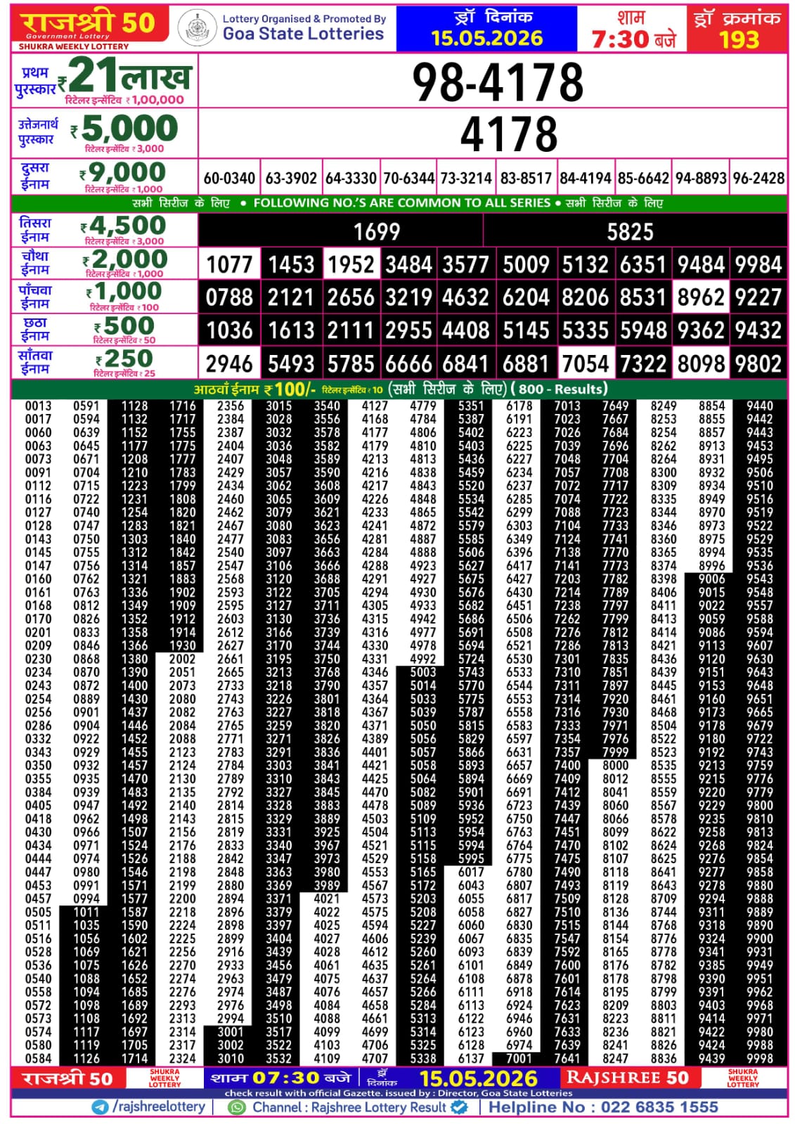 Rajshree 50 7:30 PM Result 15 May 2026