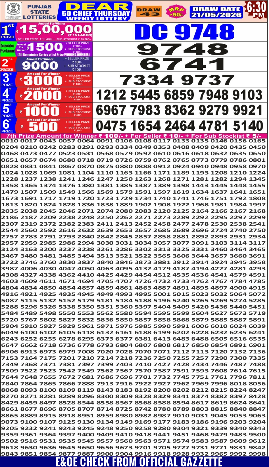 Punjab Dear 50 6:30 PM Result 21 May 2026