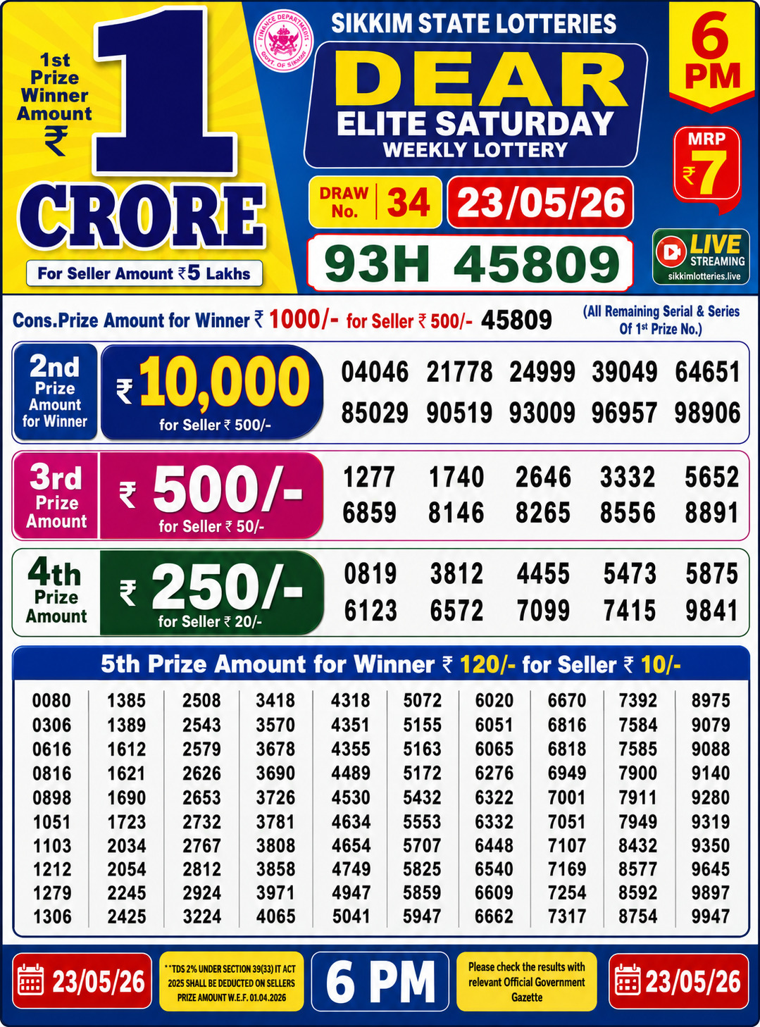 Dear 6 PM Result 23 May 2026