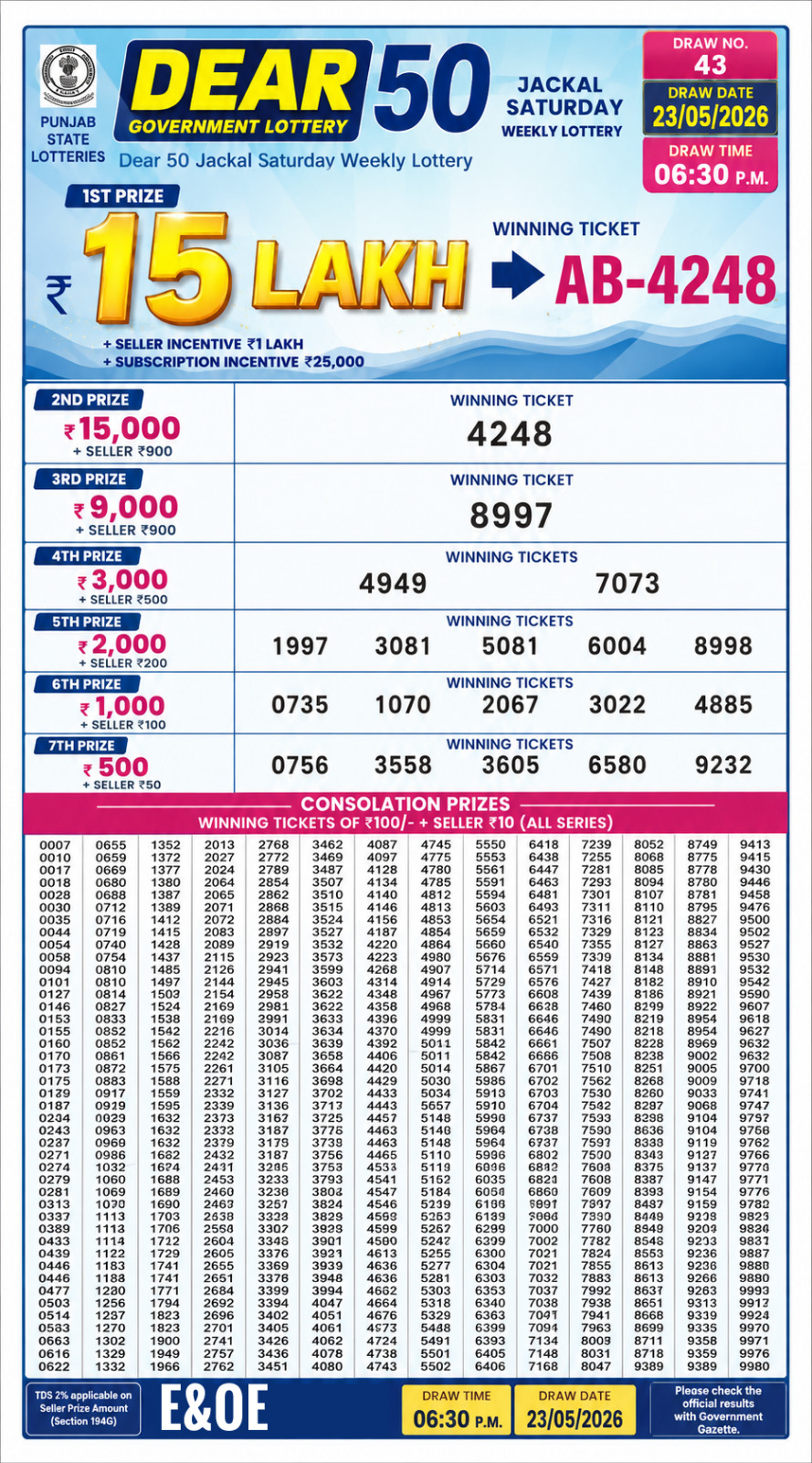 Punjab Dear 50 6:30 PM Result 23 May 2026