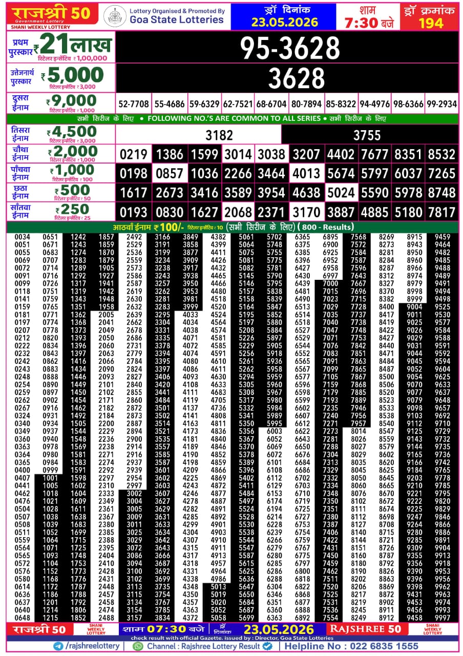 Rajshree 50 7:30 PM Result 23 May 2026