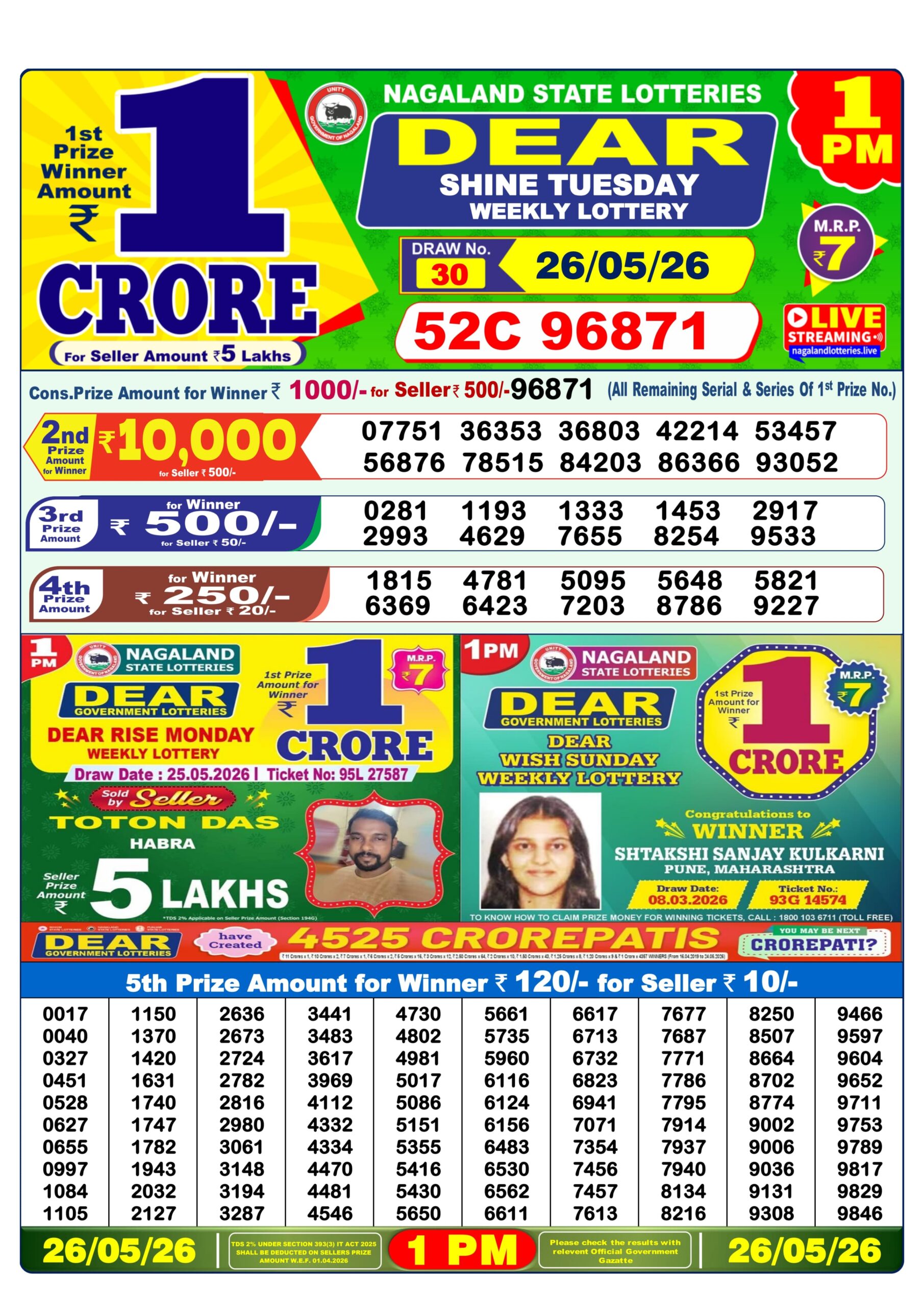 Dear 1 PM Result 26 May 2026