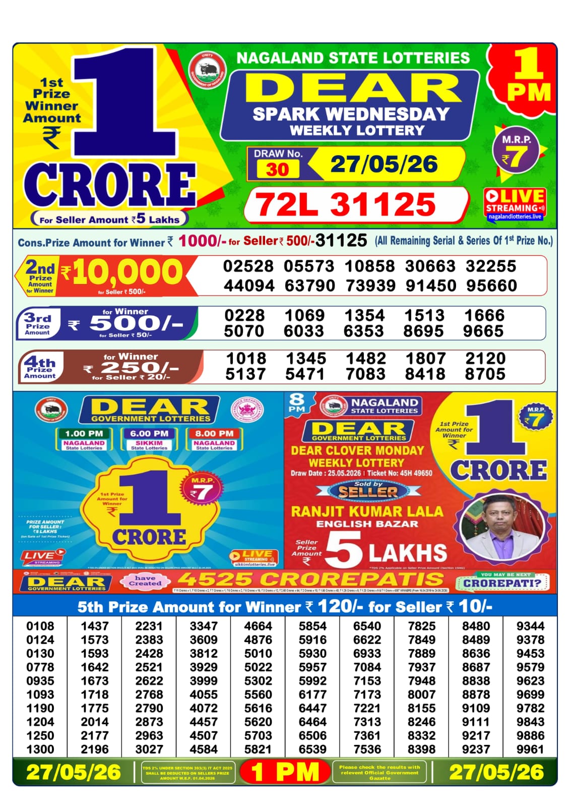 Dear 1 PM Result 27 May 2026