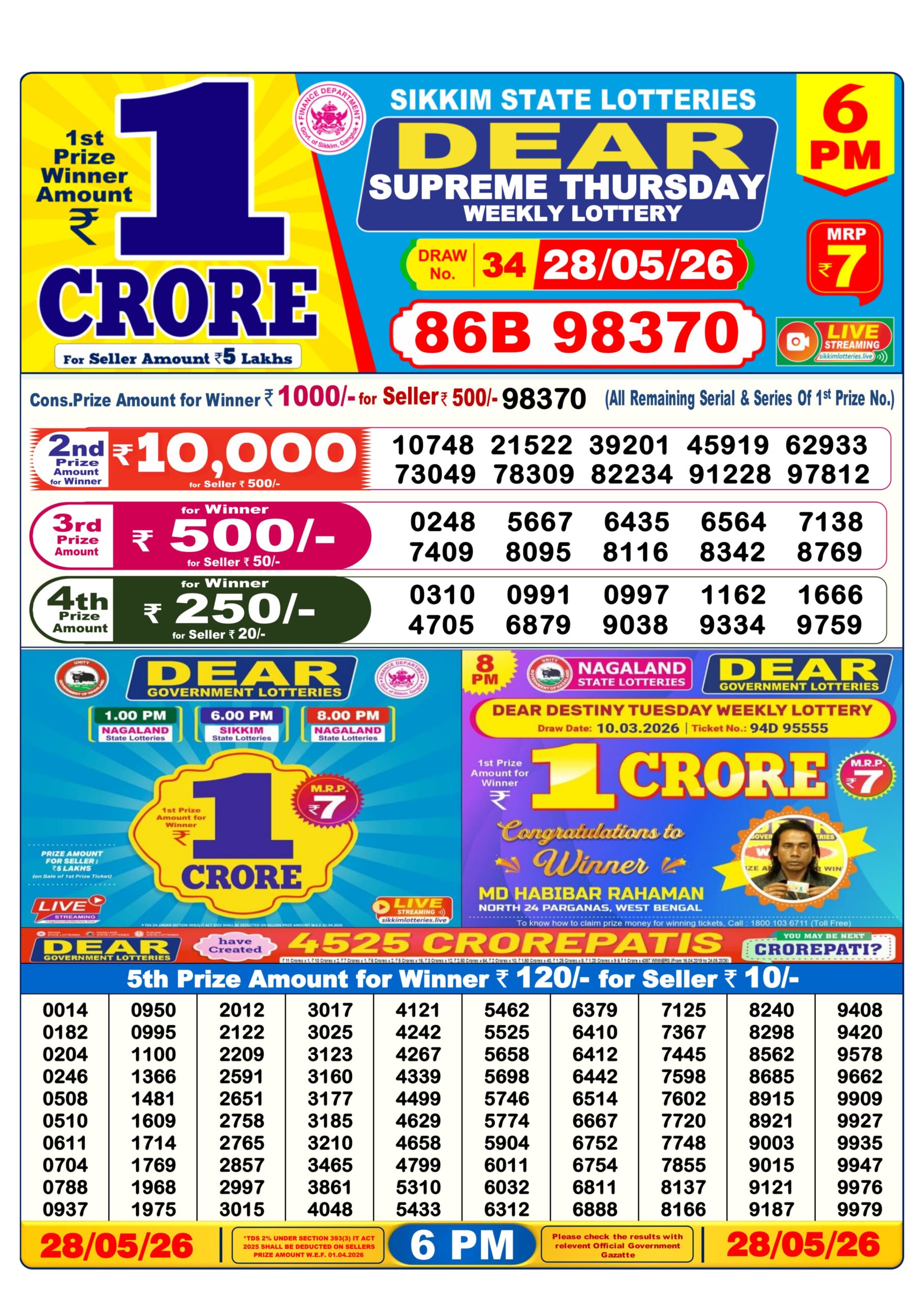 Dear 6 PM Result 28 May 2026