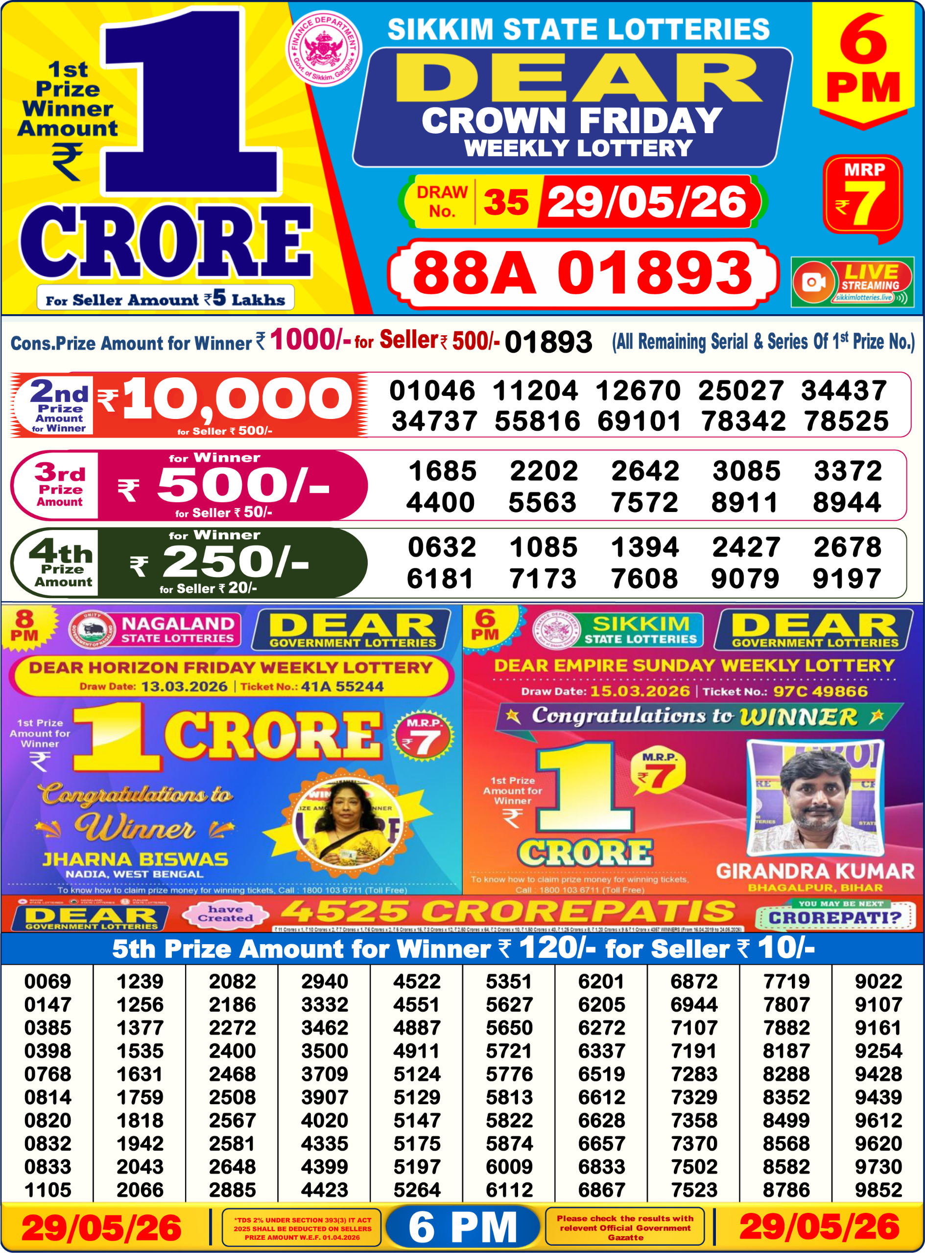Dear 6 PM Result 29 May 2026