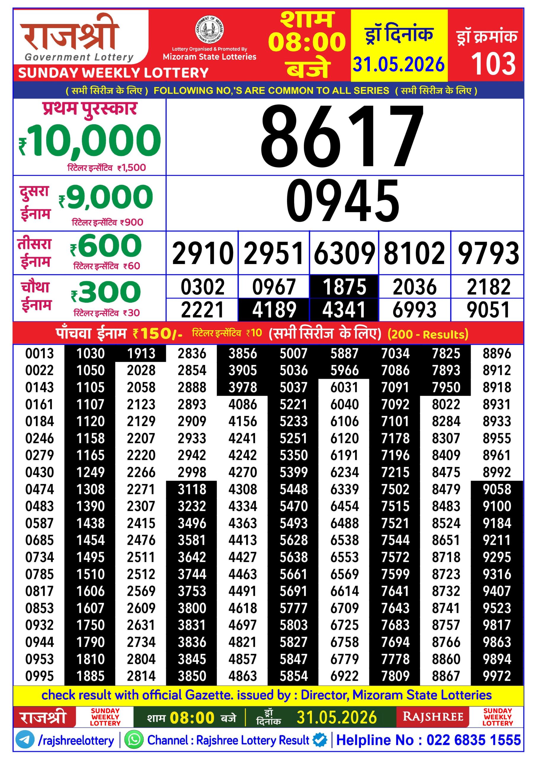 Rajshree 8 PM Result 31 May 2026