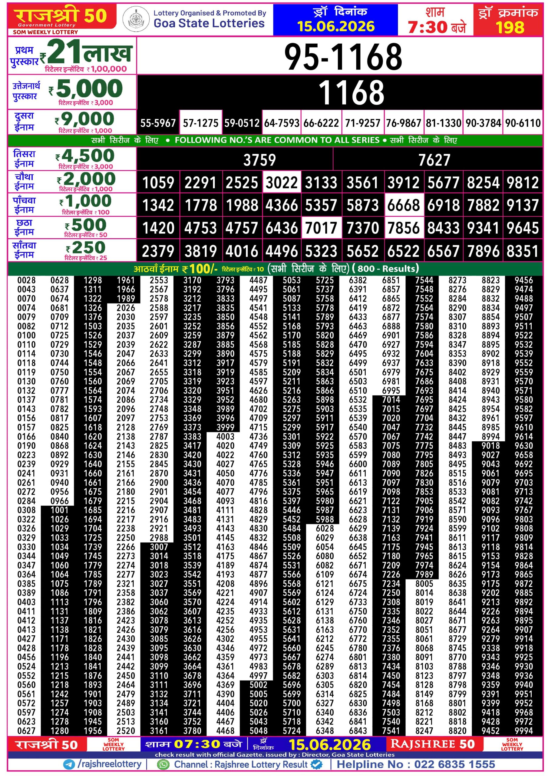 Rajshree 50 7:30 PM Result 15 June 2026