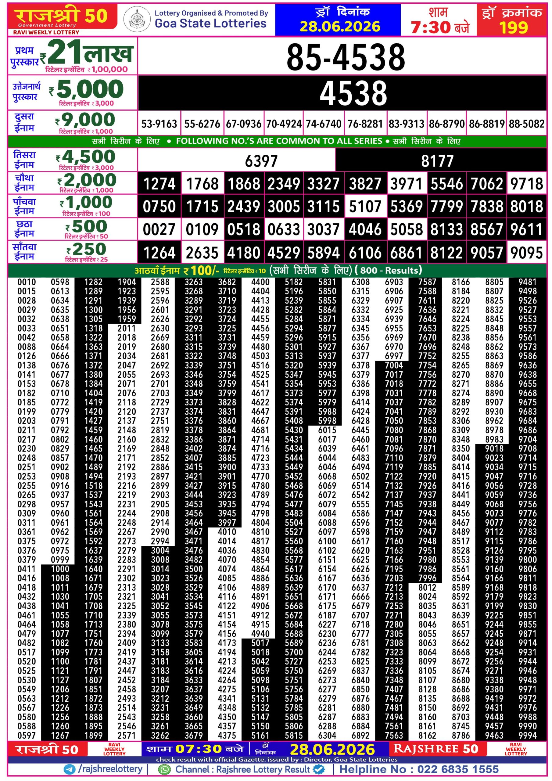 Rajshree 50 7:30 PM Result 28 June 2026